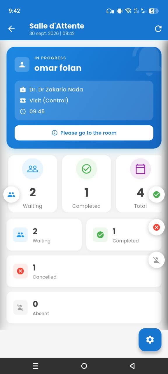Écran de démonstration de la salle d’attente dans l’application mobile ProDoc