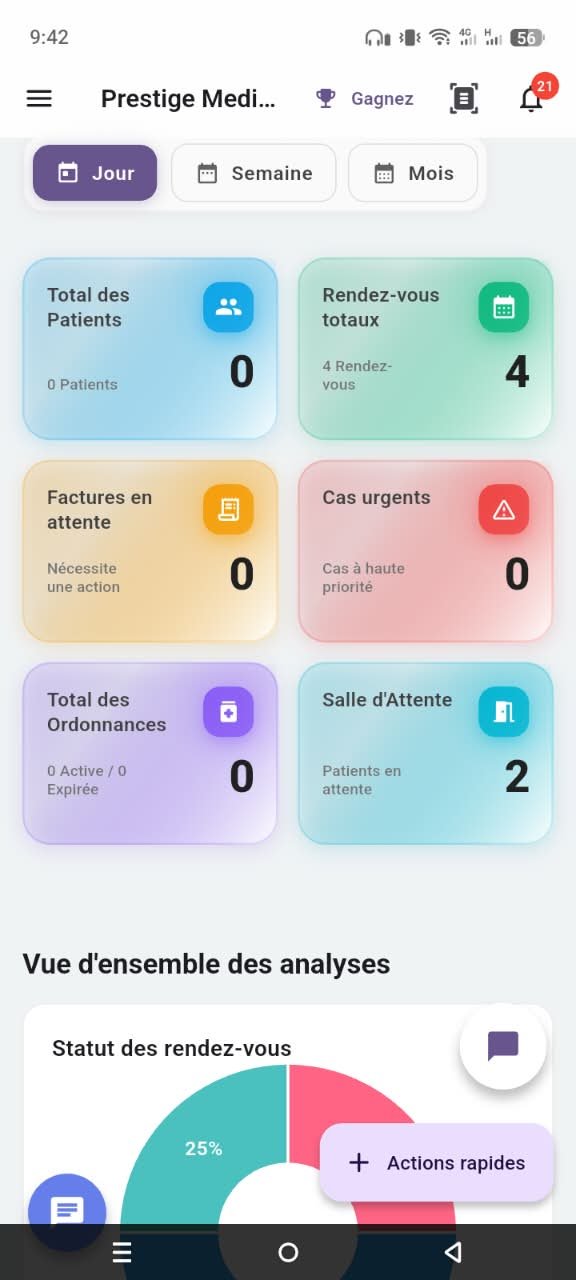 Tableau de bord de démonstration de l’application mobile ProDoc sur Android