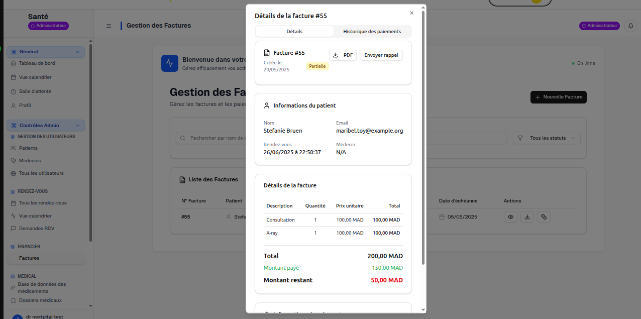 Détail d’une facture et suivi des paiements dans ProDoc