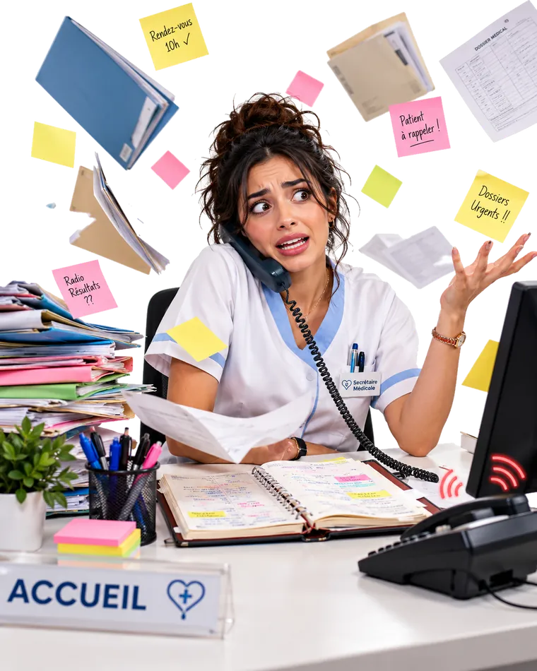 Secrétaire médicale débordée par les papiers et les appels (illustration)